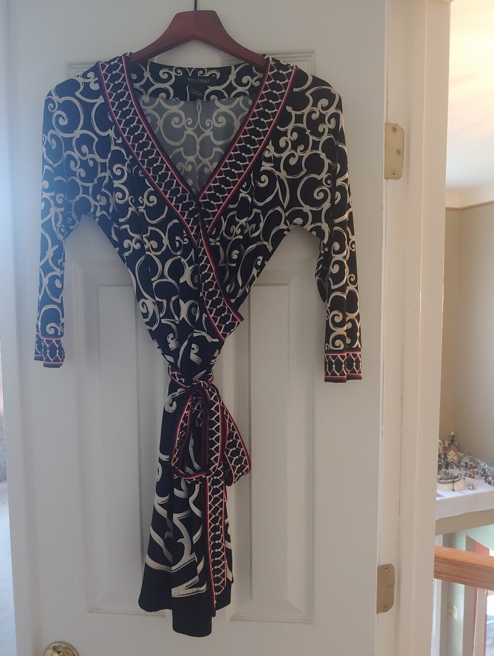 Black & Cream Printed Wrap Dress with Red Trim